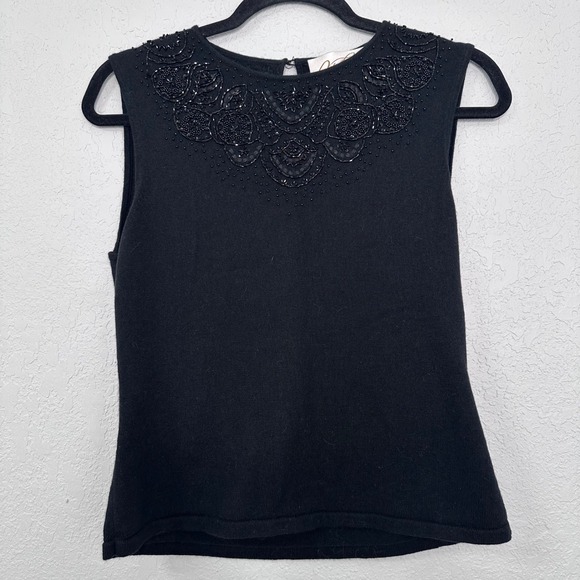 Rickie Freeman for Teri Jon Sweaters - Rickie Freeman Teri Jon Nites Black Beaded Sweater Tank Top L Silk Cashmere